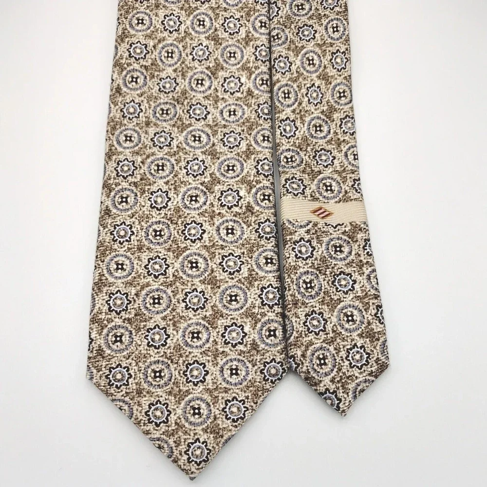 Joseph Abboud Mens OS Necktie Tan Brown Blue Silk Geometric Medallion Print Tie